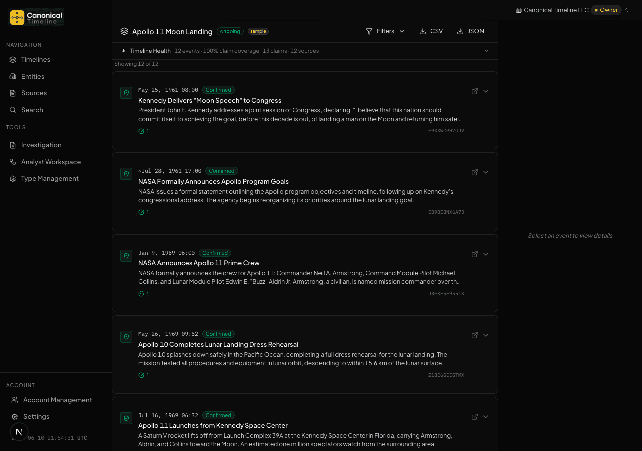 Timeline events view showing the event sequence display